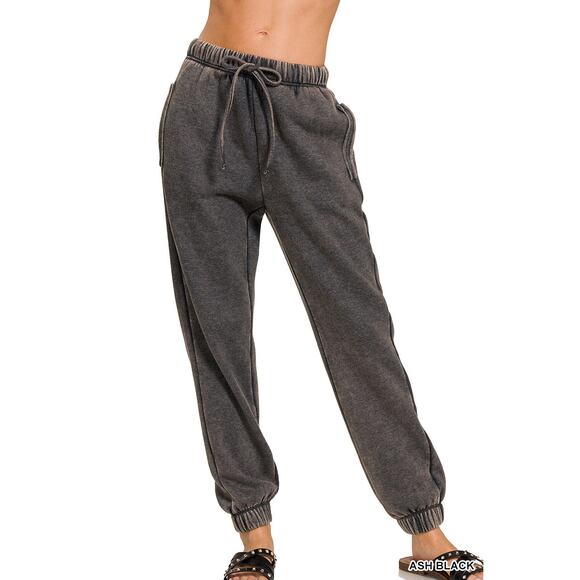 Zenana-Acid wash fleece sweatpants with pockets - Picture 1 of 3